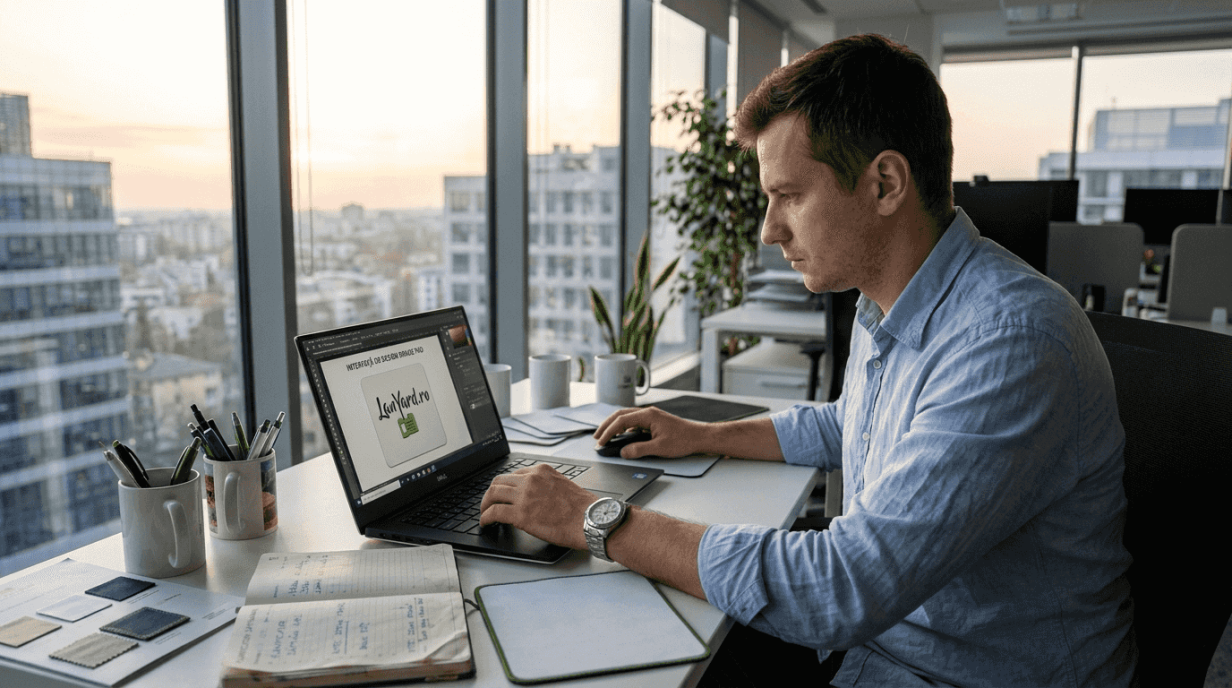 Un bărbat lucrează la birou, personalizând diverse produse pentru companie.