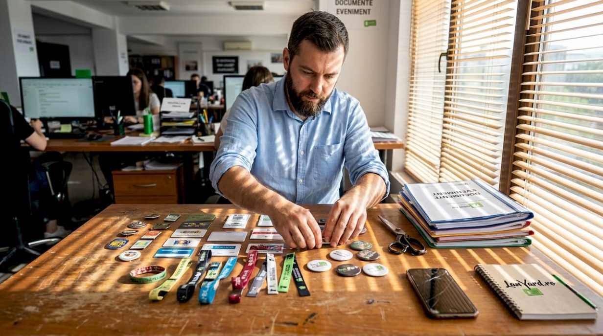 Organizatorul evenimentului se ocupă de aranjarea ecusoanelor personalizate pentru participanți.